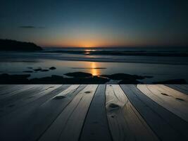 houten tafel en vervagen tropisch strand achtergrond, Product Scherm montage. hoog kwaliteit foto 8k fhd ai gegenereerd