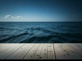 houten tafel en vervagen tropisch strand achtergrond, Product Scherm montage. hoog kwaliteit foto 8k fhd ai gegenereerd