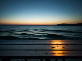 houten tafel en vervagen tropisch strand achtergrond, Product Scherm montage. hoog kwaliteit foto 8k fhd ai gegenereerd