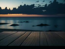 houten tafel en vervagen tropisch strand achtergrond, Product Scherm montage. hoog kwaliteit foto 8k fhd ai gegenereerd