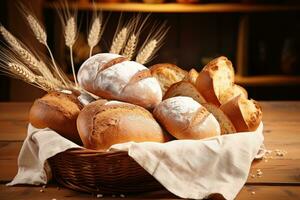 brood en veel van vers brood broodjes in een mand Aan een houten tafel foto
