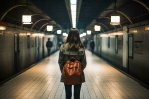 terug visie van vrouw staand alleen Aan platform in metro of Aan metro station. foto