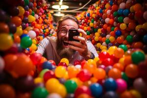 vreugde ontketend - Mens jongleert werk oproepen in kinderlijk bal pit Speel ai generatief foto