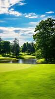 vieren de stralend schoonheid van een goed onderhouden golf Cursus onder een dromerig lucht ai generatief foto