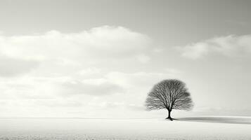 belichamen eenzaamheid - monochromatisch beeld van een eenzaam boom gieten schaduwen tegen een strak wit achtergrond ai generatief foto