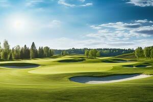 vieren de stralend schoonheid van een goed onderhouden golf Cursus onder een dromerig lucht ai generatief foto