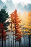 nevelig Woud gedurende herfst met hoog bomen en veelkleurig bladeren, het verstrekken van uitgebreid kopiëren ruimte ai generatief foto