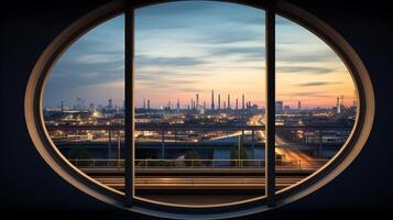 met uitzicht een bruisend fabricage fabriek door een circulaire venster ai generatief foto