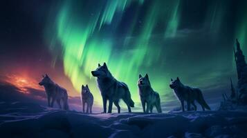 surrealistische beeld van een pak van wolven in een winter wonderland onder de dansen noordelijk lichten ai generatief foto