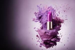 generatief ai, Purper lippenstift, poeder spatten en rook Aan Purper achtergrond. foto