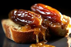 saudi Arabisch datums geroosterd brood, macro schot van een vers ontbijt met druipend honing, ai gegenereerd foto