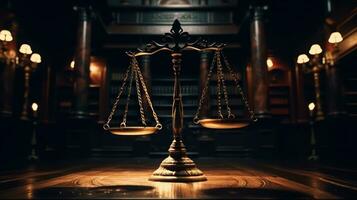 ai, ai gegenereerd, balans van gerechtigheid in een donker rechtbank hal. symboliseert wet, eerlijkheid, en gelijkwaardigheid. ideaal voor wettelijk en rechtvaardigheid gerelateerd concepten foto