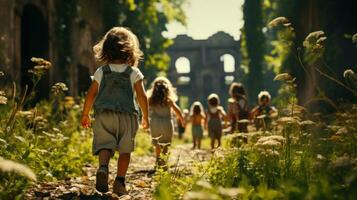 ai, ai gegenereerd, gelukkig kinderen spelen buitenshuis, genieten van blij momenten, avonturen samen in de zonnig herfst park foto