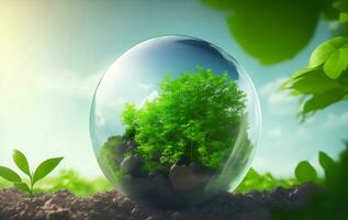 wereldbol glas met groen weinig plant, generatief ai illustratie. foto