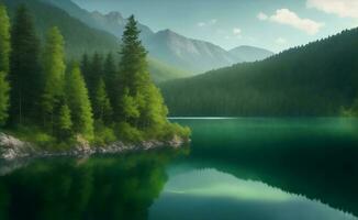 groen berg meer omringd door bomen, generatief ai illustratie. foto
