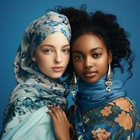 fotorealistisch beeld van twee mooi jong Dames van verschillend nationaliteiten. multicultuur, diversiteit. ai gegenereerd foto