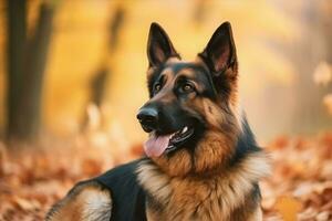 Duitse herder hond wandelen Bij herfst park. genereren ai foto