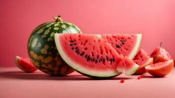 kleurrijk fruit achtergrond van vers voor de helft watermeloen Aan roze achtergrond. ai gegenereerd foto