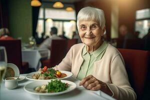 senior vrouw huis eten. genereren ai foto