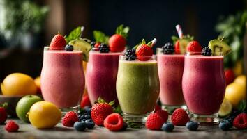 gezond vers fruit smoothies met ingrediënten. ai gegenereerd foto