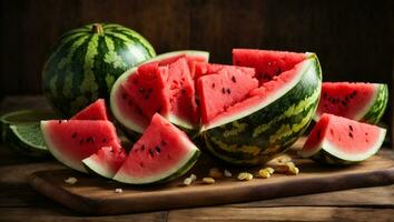 vers gesneden watermeloen fruit Aan houten achtergrond. ai gegenereerd foto