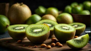 vers geheel, voor de helft en gesneden kiwi fruit. ai gegenereerd foto