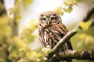 bruin uil Aan boom Afdeling foto