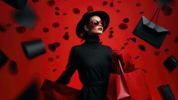 elegant vrouw in zwart met boodschappen doen Tassen. Aan rood abstract achtergrond foto