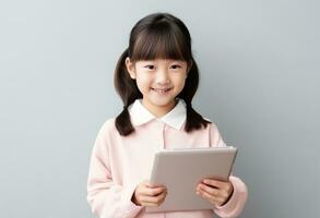 school- meisje Holding een tablet foto