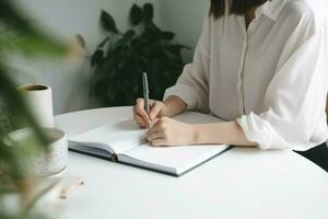 vrouw schrijven notitieboekje tafel. genereren ai foto