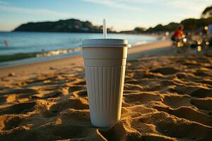 dichtbij omhoog plastic wit koffie kop met zwart rietje Aan zand van strand Bij zonsondergang of zonsopkomst zonlicht Aan achtergrond, afgezwakt, selectief focus ai gegenereerd foto