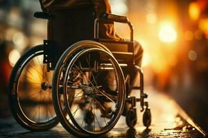 dichtbij omhoog visie Mens in rolstoel houdt wielen, beeltenis sterkte en mogelijkheid ondanks handicap ai gegenereerd foto