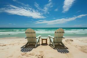 kustlijn ontspanning strand stoelen Aan wit zand onder zonnig blauw luchten ai gegenereerd foto