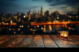 stad nacht rendez-vous houten tafel te midden van wazig lucht en gloeiend stedelijk backdrop ai gegenereerd foto