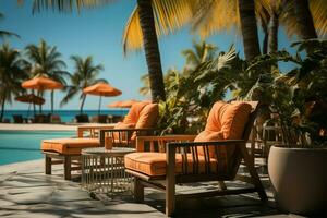 zon doorweekt spaargeld 3d vakantie uitverkoop sjabloon Kenmerken strand themed decor en zwembad ai gegenereerd foto