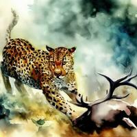waterverf stijl schilderij van een Jachtluipaard luipaard Aan de Afrikaanse savanne. gemaakt met ai. foto