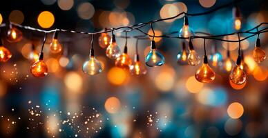 feestelijk helder gekleurde Kerstmis slinger Aan wazig bokeh achtergrond, nieuw jaar banier - ai gegenereerd beeld foto