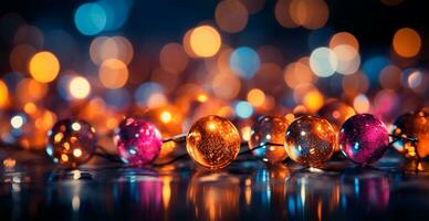 feestelijk helder gekleurde Kerstmis slinger Aan wazig bokeh achtergrond, nieuw jaar banier - ai gegenereerd beeld foto