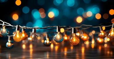 feestelijk helder gekleurde Kerstmis slinger Aan wazig bokeh achtergrond, nieuw jaar banier - ai gegenereerd beeld foto
