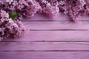 sereen lila bloei genade een houten plank achtergrond, de lente betovering. ai gegenereerd foto