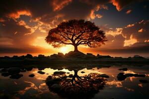 silhouet van een boom met zon stralen in de achtergrond ai gegenereerd foto