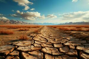 woestijnen transformatie gebarsten land- en droog bodem emblematisch van klimaat verandering ai gegenereerd foto