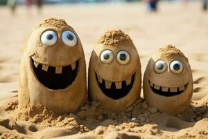 gedeeld momenten familie gezicht symbool Aan zanderig strand, kamer voor personalisatie ai gegenereerd foto