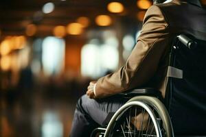 Mens in rolstoel dichtbij omhoog onbekwaamheid vertegenwoordiging ai gegenereerd foto