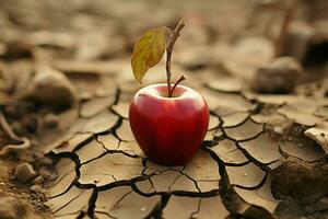 emblematisch appel Aan droog aarde illustreert voedsel onzekerheid, water tekort, agrarisch crisis ai gegenereerd foto
