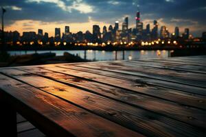 horizon schemering wazig nacht lucht, houten tafel in de midden van stedelijkheid ai gegenereerd foto