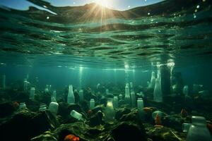 Open zee besmet door plastic flessen en microplastics, symboliseert marinier plastic verontreiniging ai gegenereerd foto