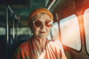 oud vrouw bus stad reizen. genereren ai foto