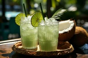 zomer tropisch cocktail in vers groen kokosnoot met twee kleurrijk paraplu's Aan palm boom bladeren achtergrond ai gegenereerd foto
