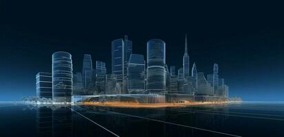 futuristische horizon droogte 3d wireframe gebouw, vector schetsen, vernieuwend bouwkundig visualisatie ai gegenereerd foto